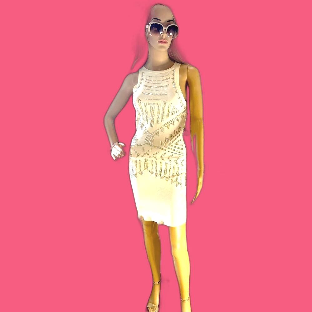Bebe White Cocktail Dress Silver Studs Design Stewpot Back Great Fit Never Worn